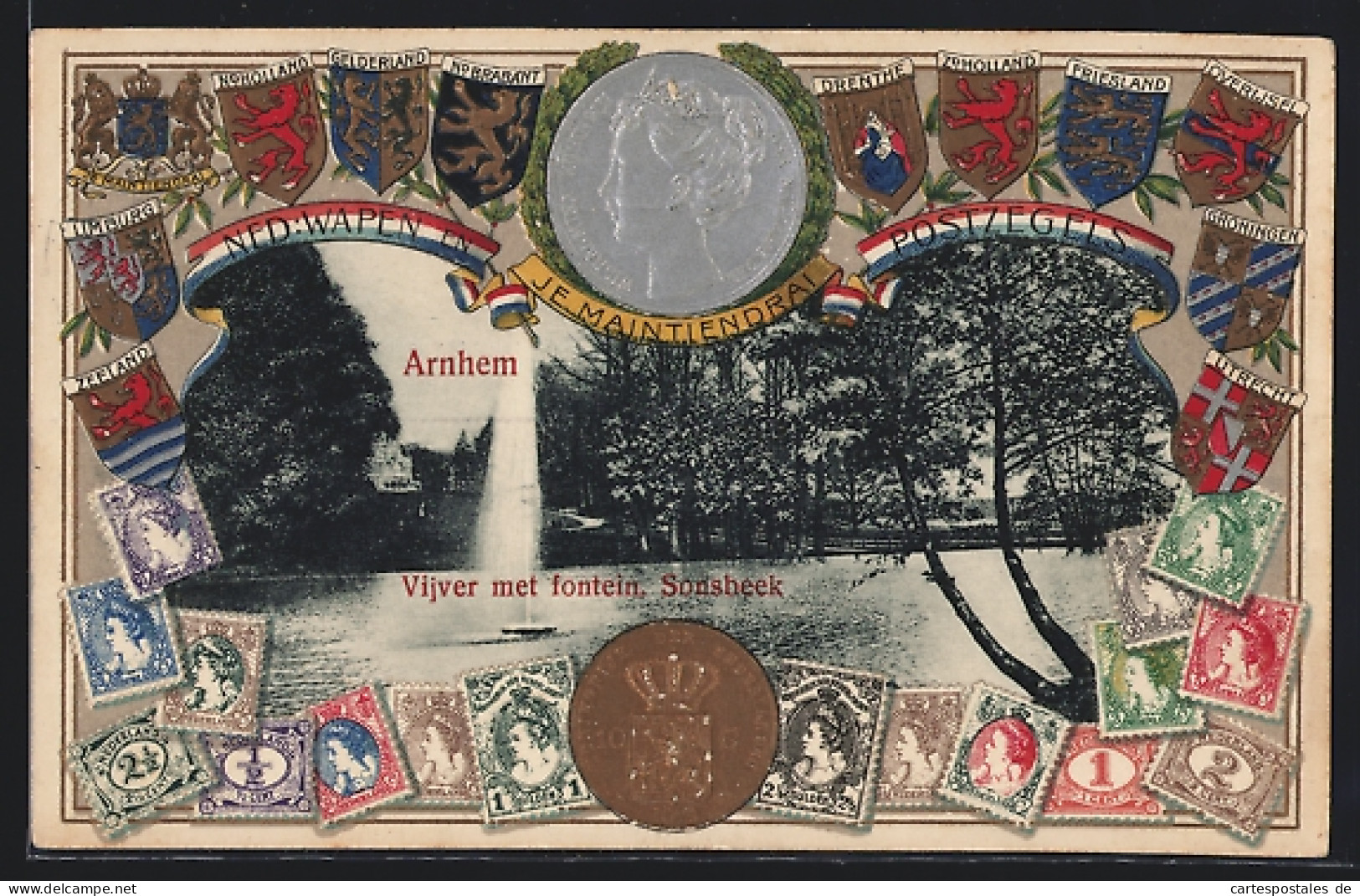 Präge-AK Arnhem, Vijver Met Fontein, Sonsheek, Ned. Wapen En Postzegels, Koningin Wilhelmina  - Arnhem