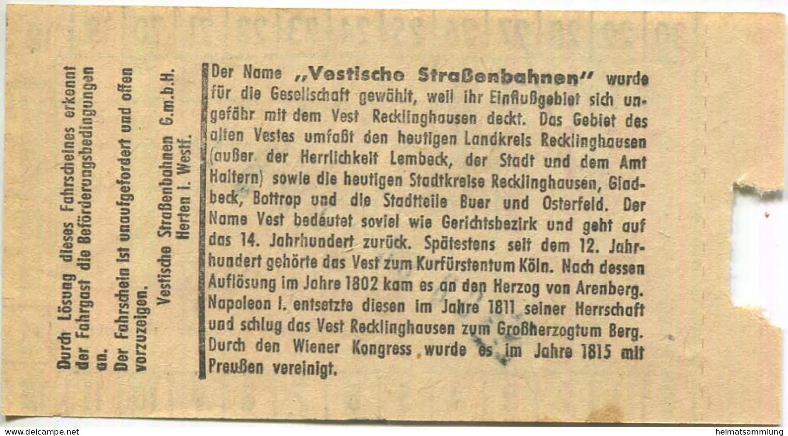 Deutschland - Vestische Straßenbahnen GmbH Herten In Westfalen - Fahrschein - Europa