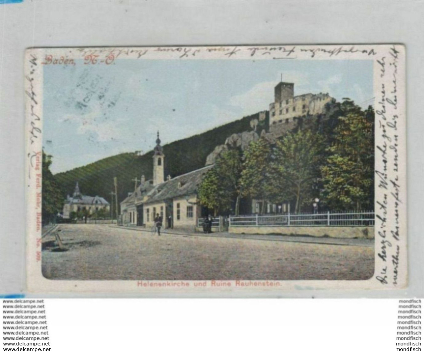 Baden - Helenenkirche Und Ruine Rauhenstein 190? - Mann Mit Fahrrad - Baden Bei Wien