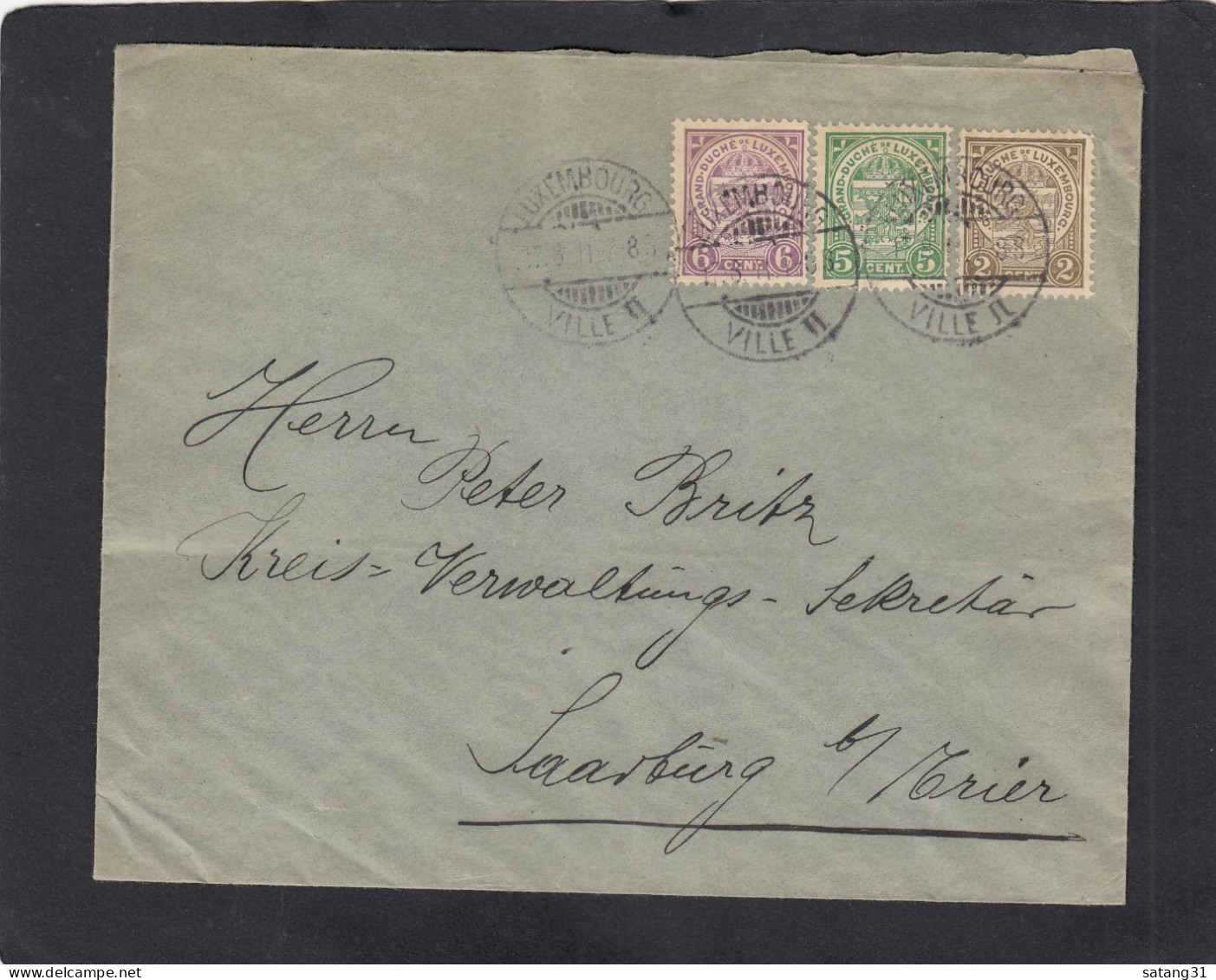 LETTRE DE LUXEMBOURG VILLE ,AVEC 3 TIMBRES "ECUSSON" DE DIFFERENTES COULEURS,POUR SAARBURG,ALLEMAGNE,1911. - 1907-24 Wapenschild