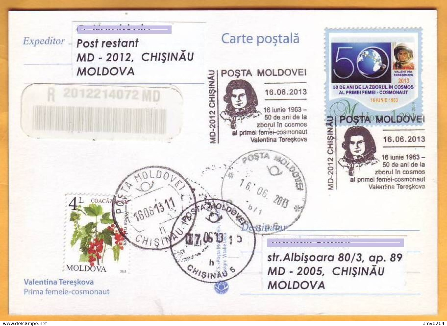 2013. Moldova Moldavie Moldau. 50 Years Of Valentina Tereshkova. Special Cancellations. Personal Stamps Spase - Russia & USSR