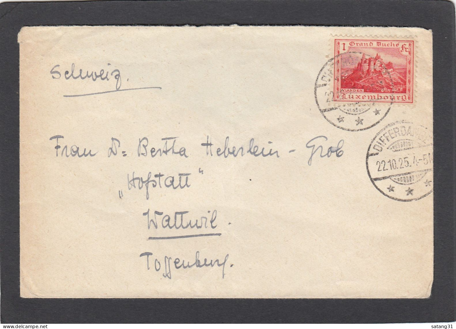 LETTRE DE DIFFERDANGE,AVEC TIMBRE "CHATEAU DE VIANDEN 1 FRANC",POUR WATTWILL,SUISSE,1925. - 1907-24 Coat Of Arms