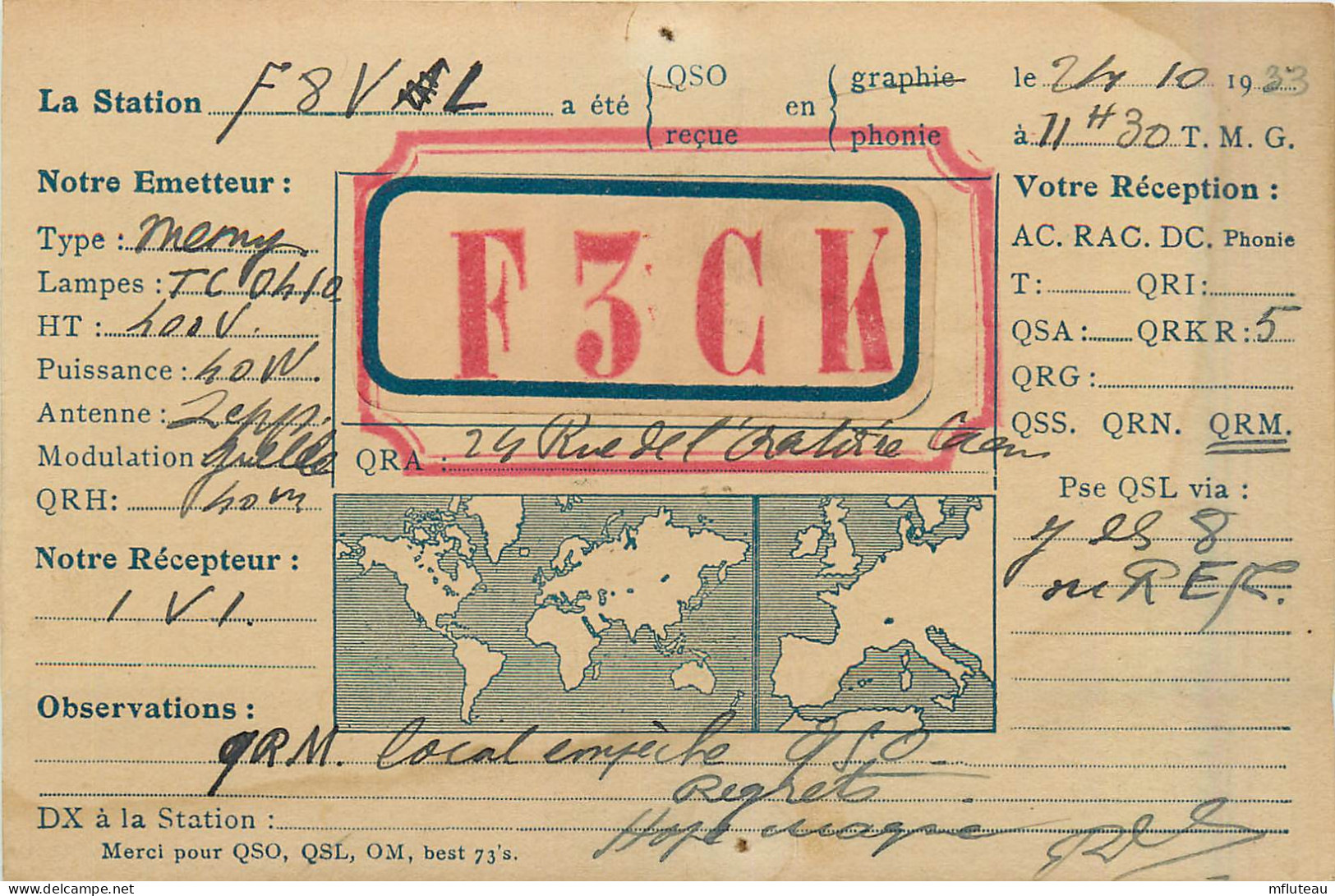 14* CAEN        Carte « QSL »  Octobre 1933  RL30,0098 - Radio Amatoriale