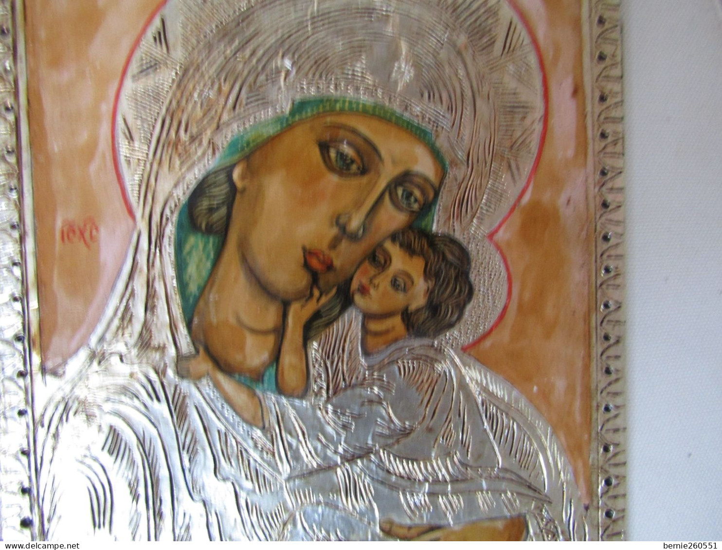 Superbe Icône De La Vierge De La Tendresse Avec Plaque Argentée - Art Religieux