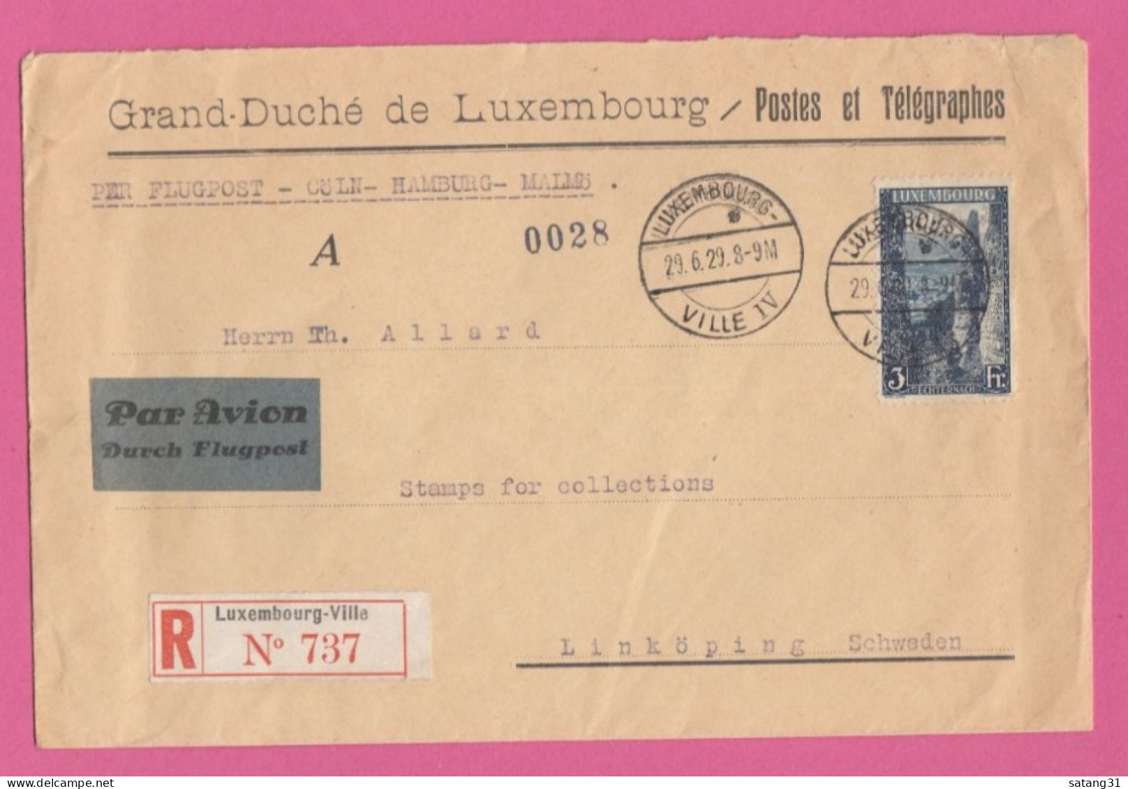 LETTRE RECOMMANDEE PAR AVION DE LUXEMBOURG, AVEC TIMBRE "VUE D'ECHTERNACH 3 FRANCS",POUR LINKÖPING,SUEDE,1929. - Storia Postale