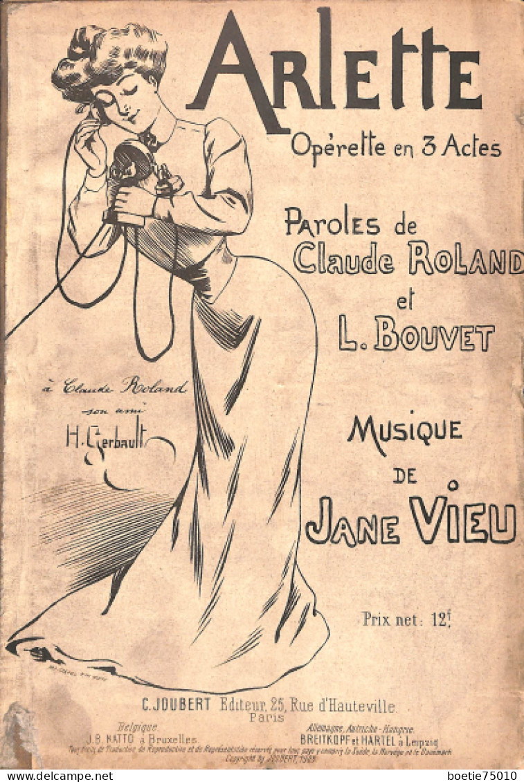 Arlette, Opérette En 3 Actes De Jane Vieu. Partition Ancienne, Couverture Gerbault - Spartiti