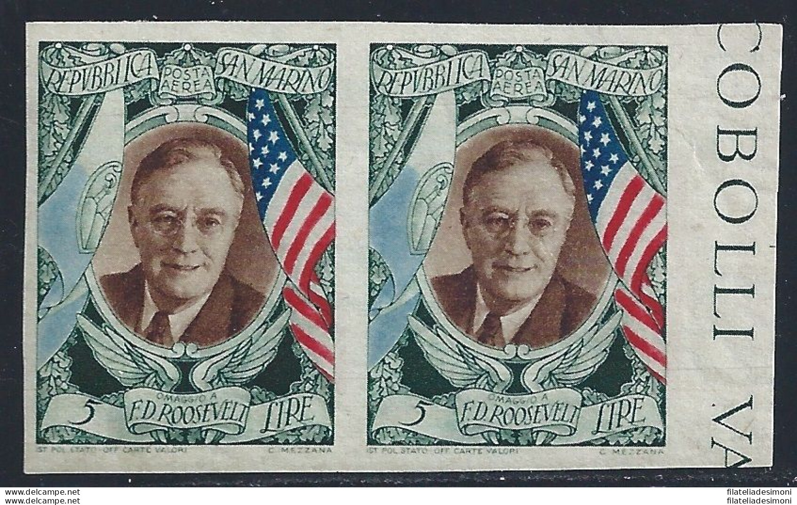 1947 SAN MARINO, PA N° 63b Presidente Roosevelt MNH/** - Variétés Et Curiosités