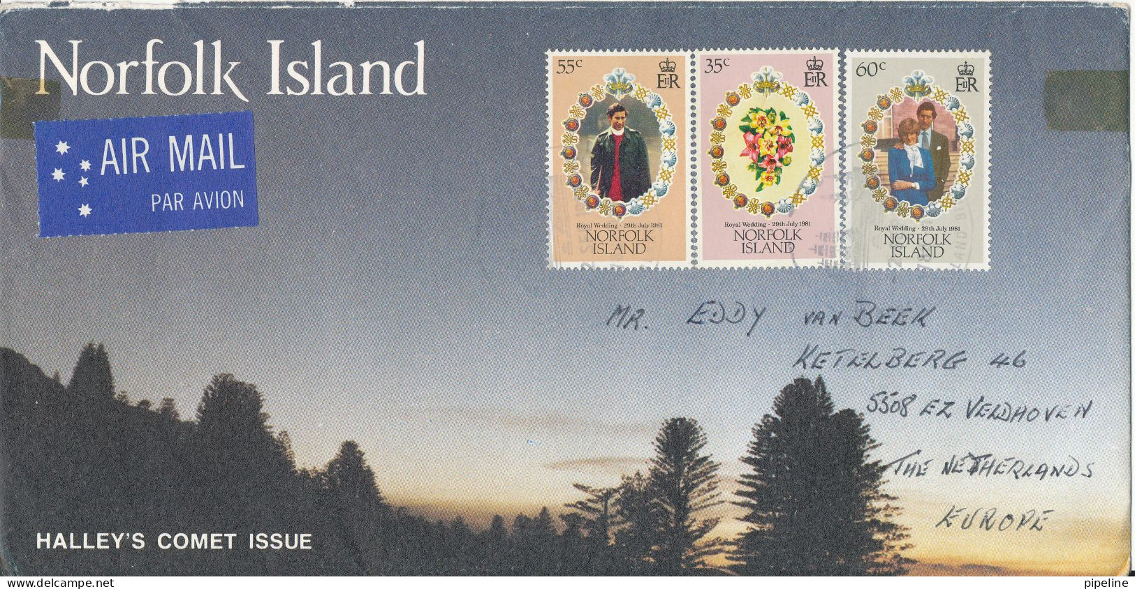 Norfolk Island Cover Sent To Netherlands With Complete Set Royal Wedding Diana And Charles 1981 - Norfolk Island