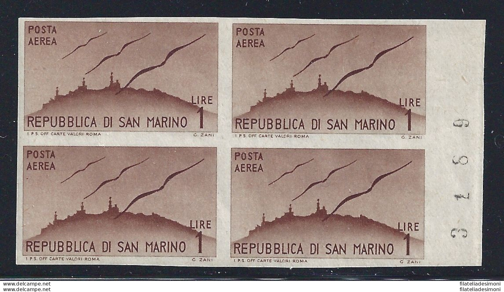 1946 SAN MARINO, Posta Aerea N° 52b 1 Lira Bruno Chiaro MNH/**  ND  QUARTINA - Errors, Freaks & Oddities (EFO)