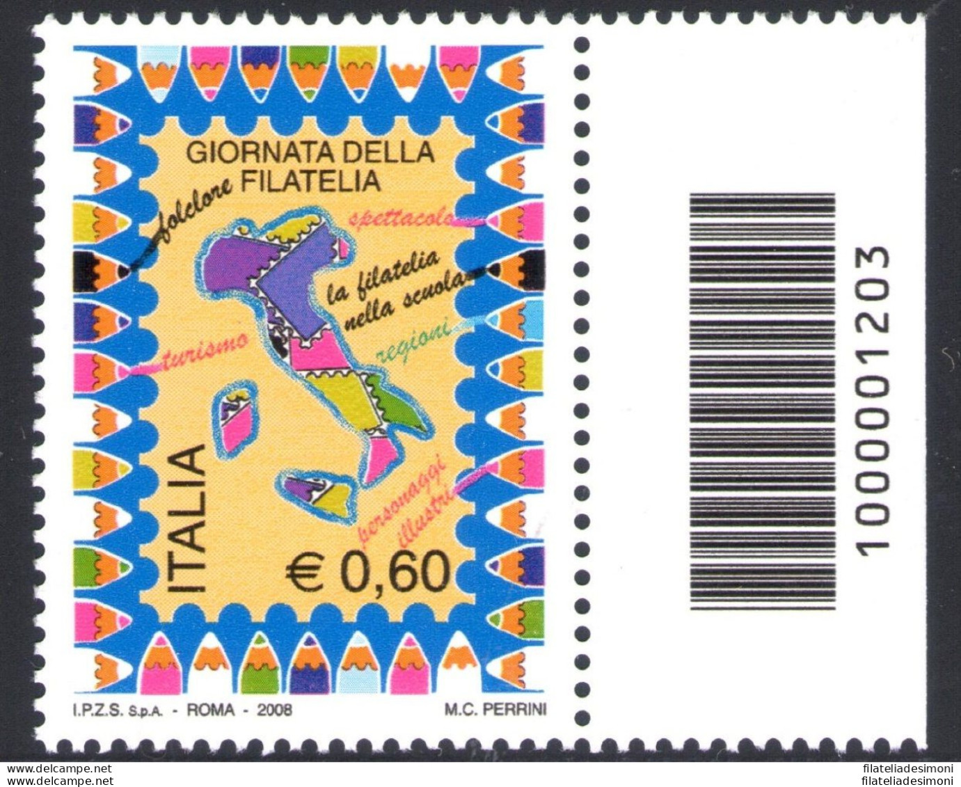 2008 Repubblica ItalIana Giornata Della Filatelia Con Codice A Barre N° 1203 - Barcodes