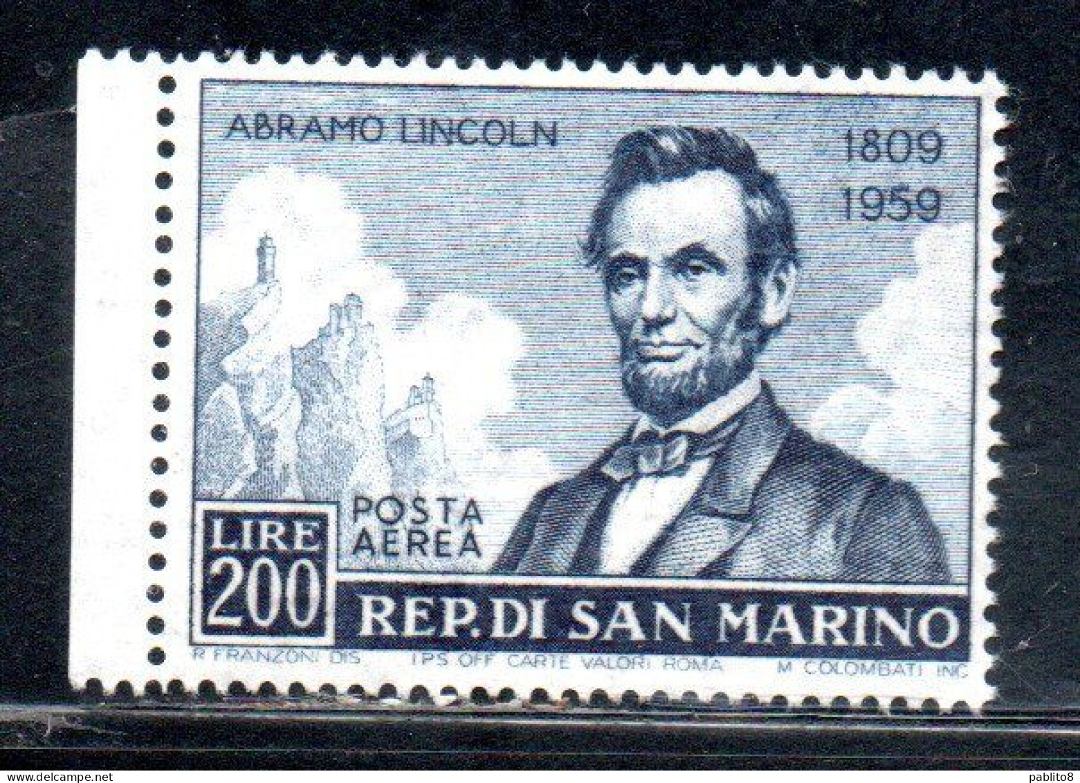 REPUBBLICA DI SAN MARINO 1959 POSTA AEREA AIR MAIL ABRAMO LINCOLN LIRE 200 MNH - Unused Stamps