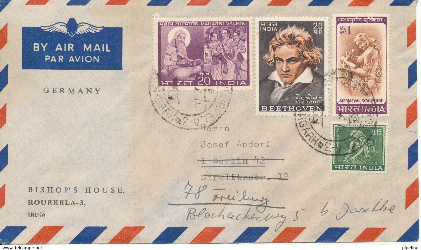 India Air Mail Cover Sent To Denmark 1970 Good Franked Incl. Beethoven Stamp - Airmail