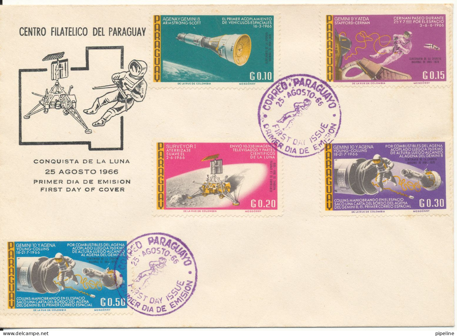 Paraguay FDC 25-8-1966 Conquest Of The Moon Complete Set Of 5 With Cachet - Amérique Du Sud