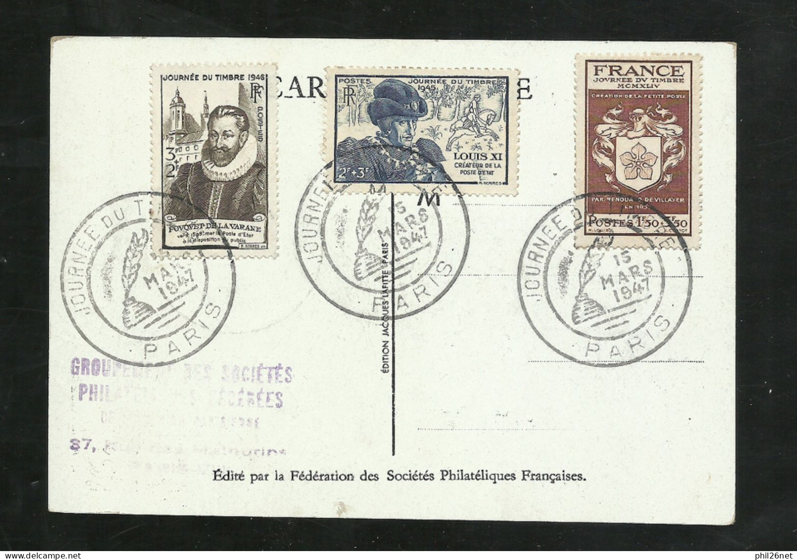 FDC Carte Maximum Premier Jour Paris 15/03/1947 N° 779 + Au Verso N°665;743 Et 754 Journée Du Timbre B/TB Soldé ! ! ! - ....-1949