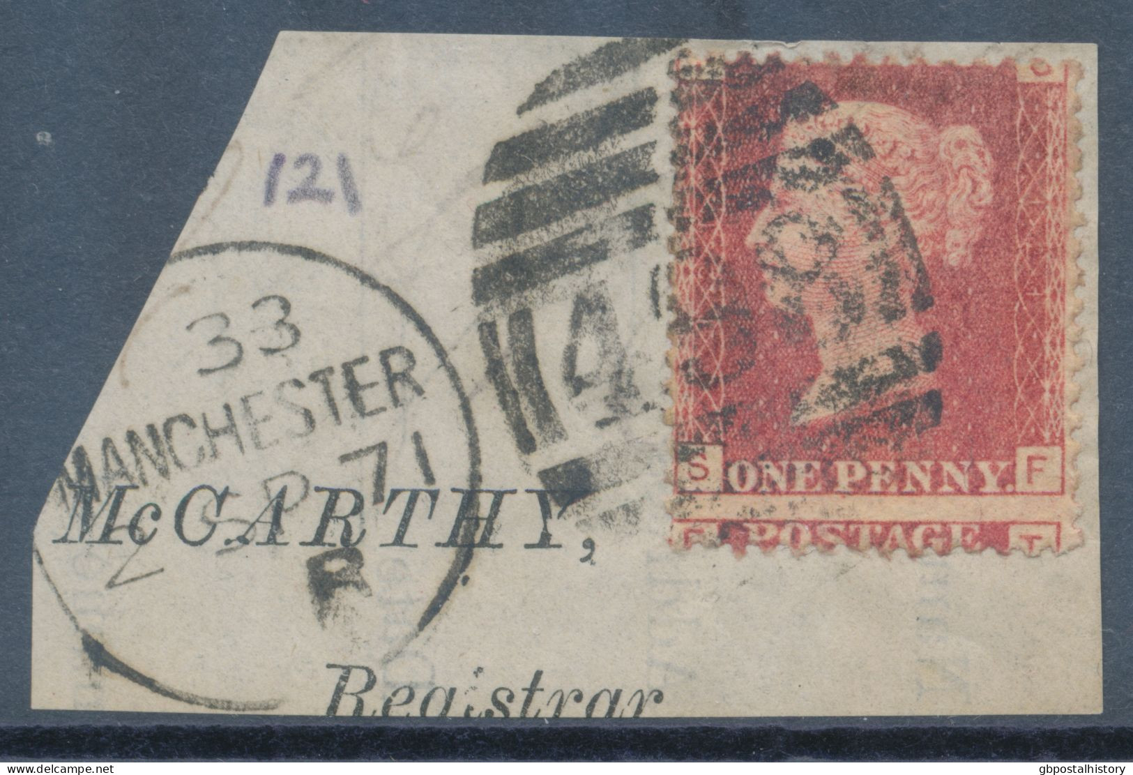 GB QV LE 1d Pl.121 (SF) On Piece Superb Used With Duplex Postmark „MANCHESTER / 498“, Lancashire (4VODA3)  With Very Rar - Oblitérés