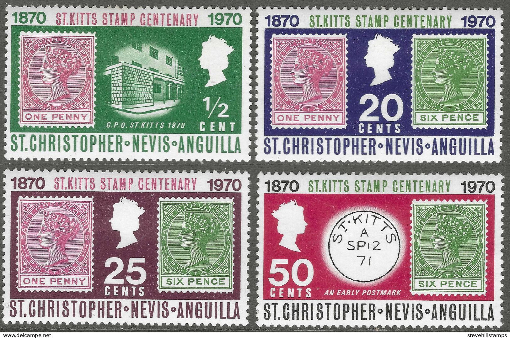 St Kitts-Nevis. 1970 Stamp Centenary. MH Complete Set. SG 229-232. M3124 - St.Cristopher-Nevis & Anguilla (...-1980)