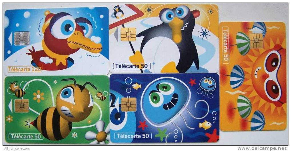 Lot Of 5 Different Chip Cards Cartes From FRANCE - Bird, Bee, Penguin, Sea Life, Oiseaux, Mordre, Biss, Pinguin, Manchot - 1999