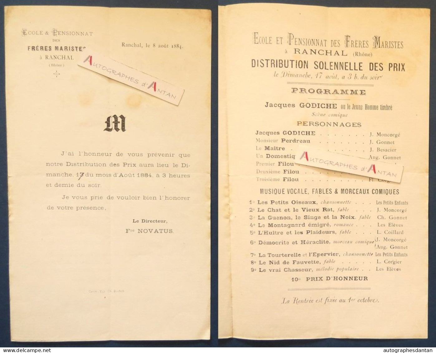 ● Programme 1884 Ecole Pensionnat Des Frères Maristes à Ranchal - Fr Novatus - Théâtre - Jacques Godiche - Rare - Programmes