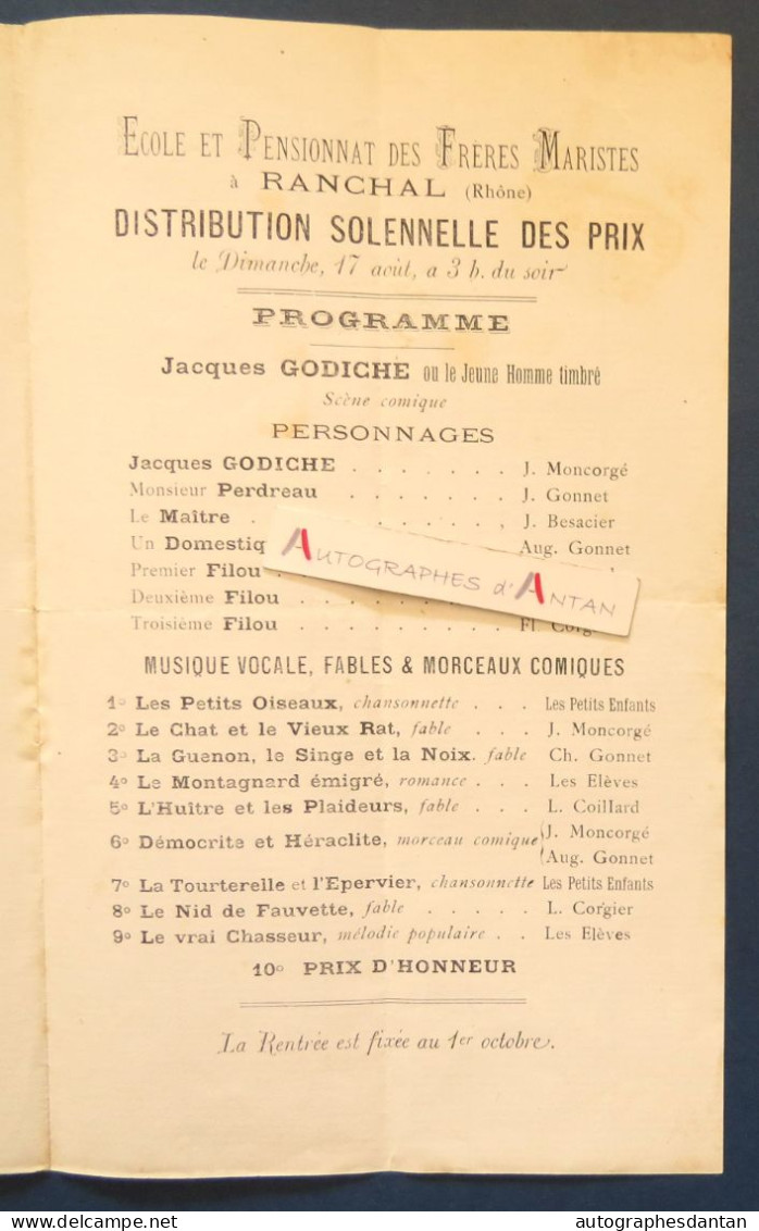 ● Programme 1884 Ecole Pensionnat Des Frères Maristes à Ranchal - Fr Novatus - Théâtre - Jacques Godiche - Rare - Programmes