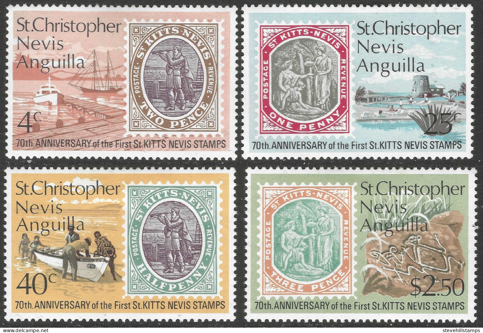 St Kitts-Nevis. 1973 70th Anniversary Of First St Kitts-Nevis Stamps. MH Complete Set. SG 285-288. M3128 - St.Cristopher-Nevis & Anguilla (...-1980)