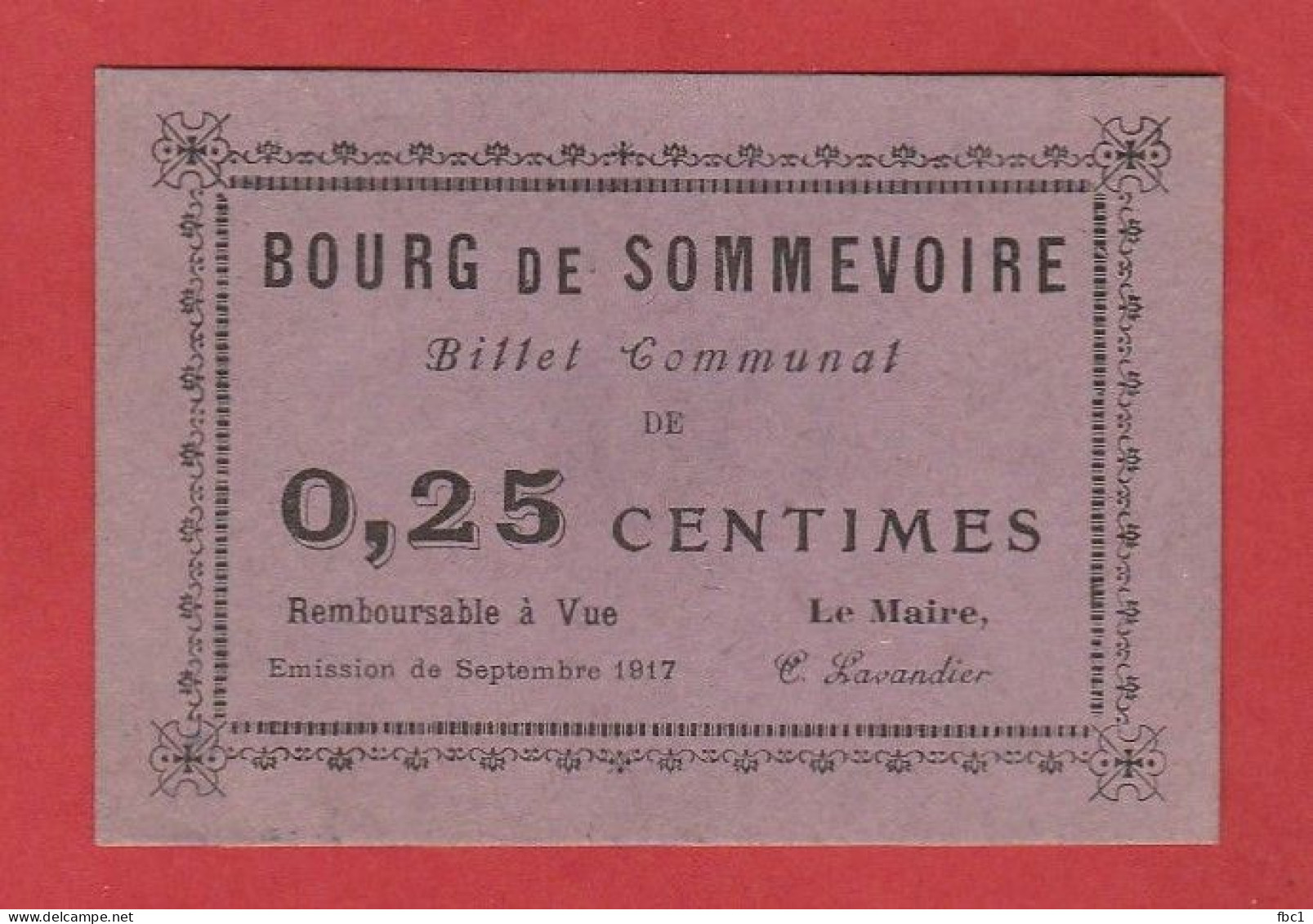 Haute-Marne - Bourg De Sommevoire - Billet Communal De 0,25 Centimes (Emission De Septembre 1917) - Notgeld