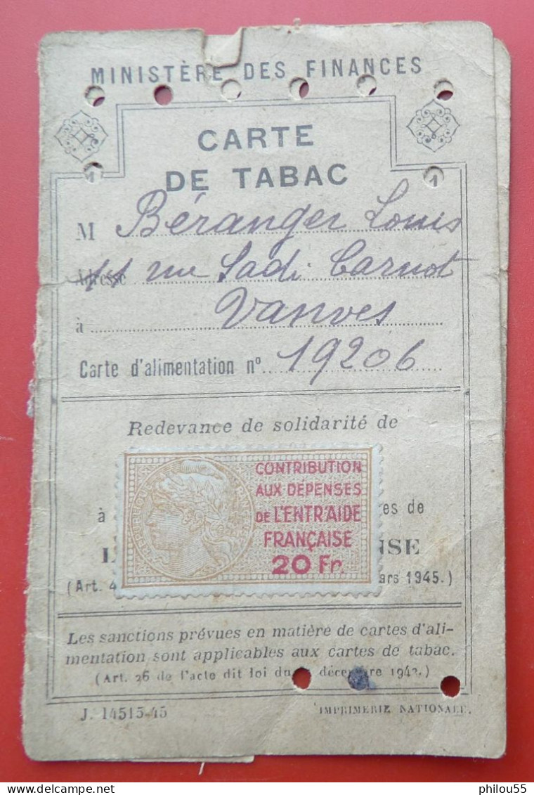 92 VANVES BERANGER Carte De Tabac  Debit N°154 Geraud - 1939-45