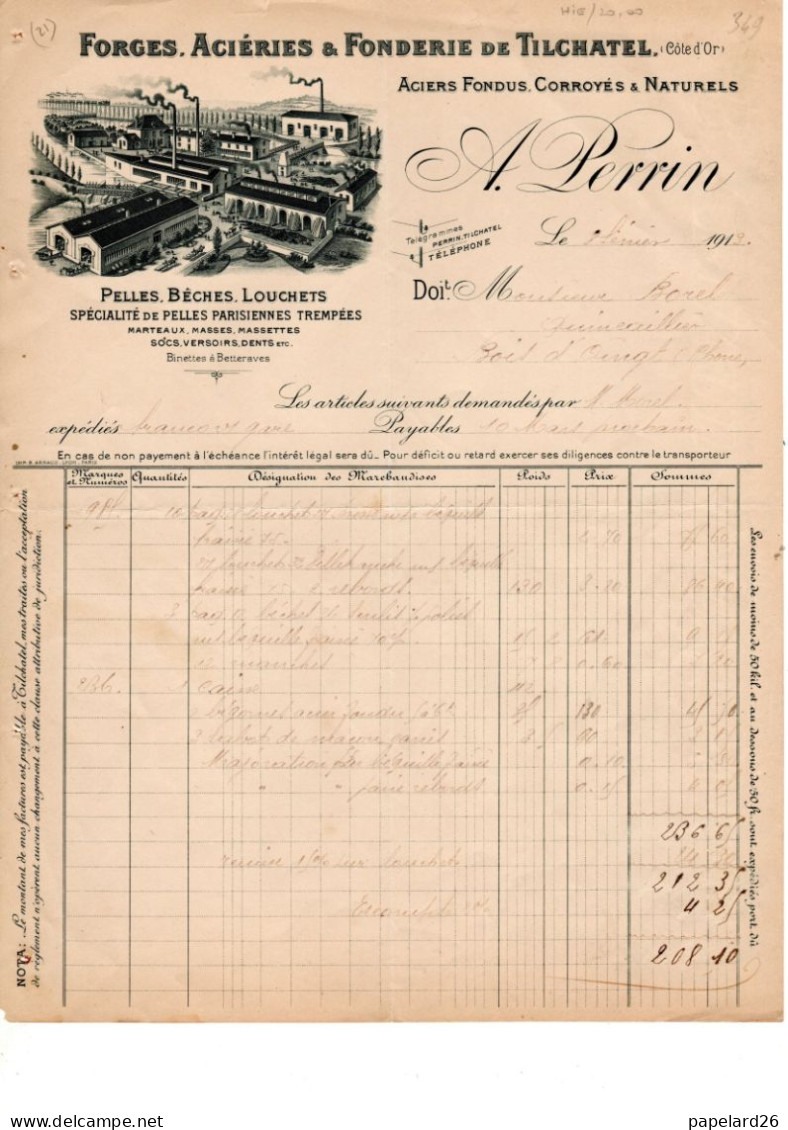 COTE D'OR TILCHATEL  FORGES ACIERIES  A PERRIN ANNEE 1912 TROUS ARCHIVES FORMAT A4 - Straßenhandel Und Kleingewerbe