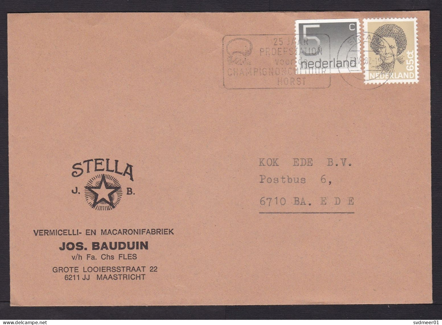 Netherlands: Cover, 1982, 1 Stamp, Cancel Test Station Mushroom Cultivation, From Macaroni Comp., Food (traces Of Use) - Lettres & Documents