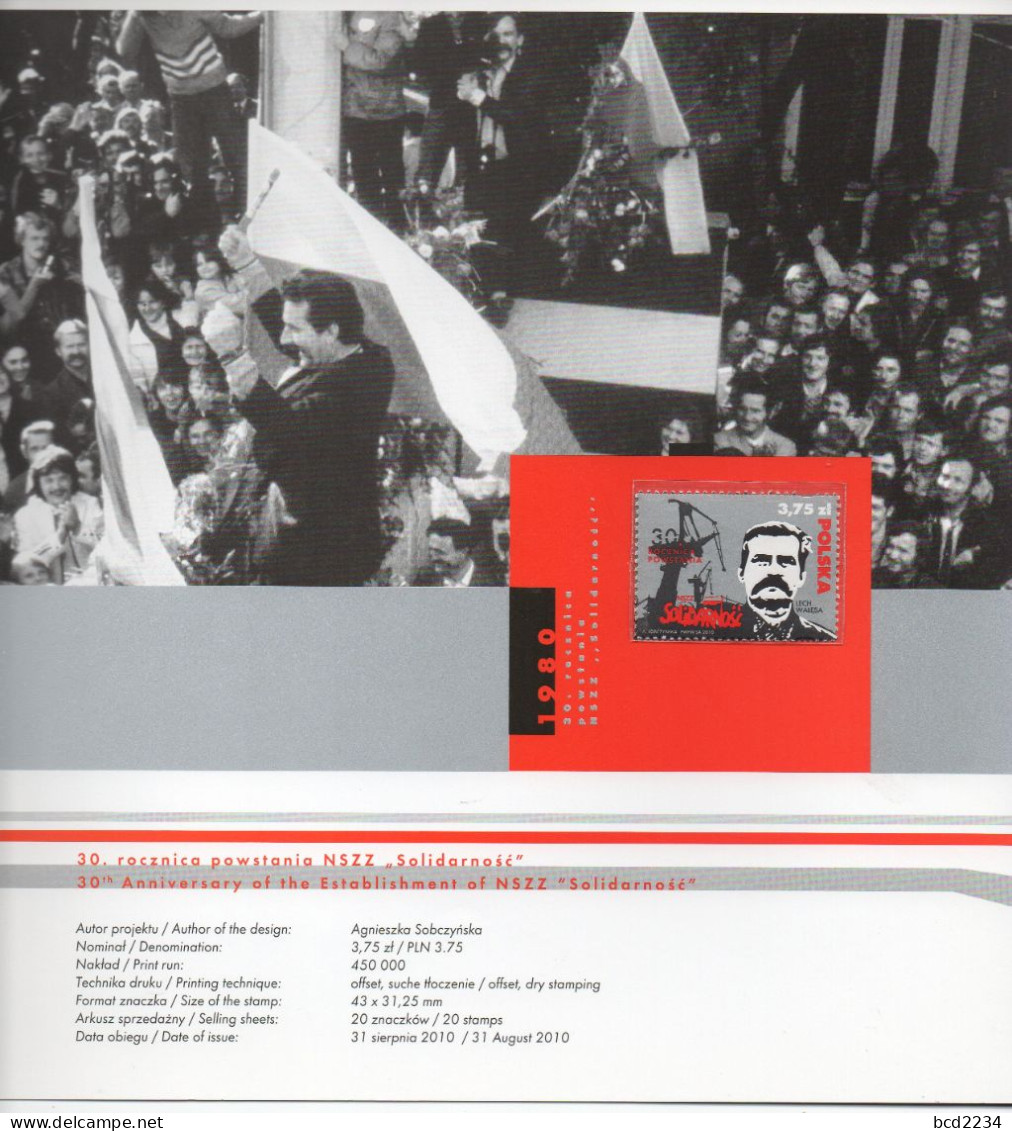POLAND 2020 POLISH POST OFFICE SPECIAL LIMITED EDITION FOLDER: 30TH ANNIVERSARY NSZZ SOLIDARITY TRADE UNION SOLIDARNOSC - Lettres & Documents