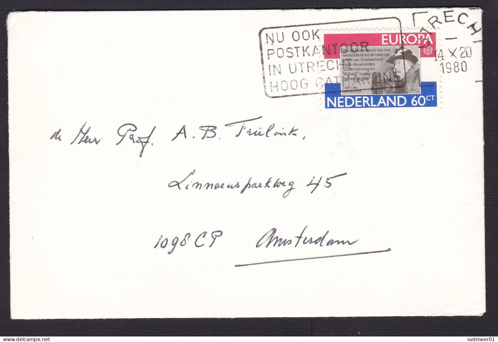 Netherlands: Cover, 1980, 1 Stamp, CEPT, Europa, Cancel New Post Office Utrecht Hoog Catharijne (minor Damage) - Briefe U. Dokumente