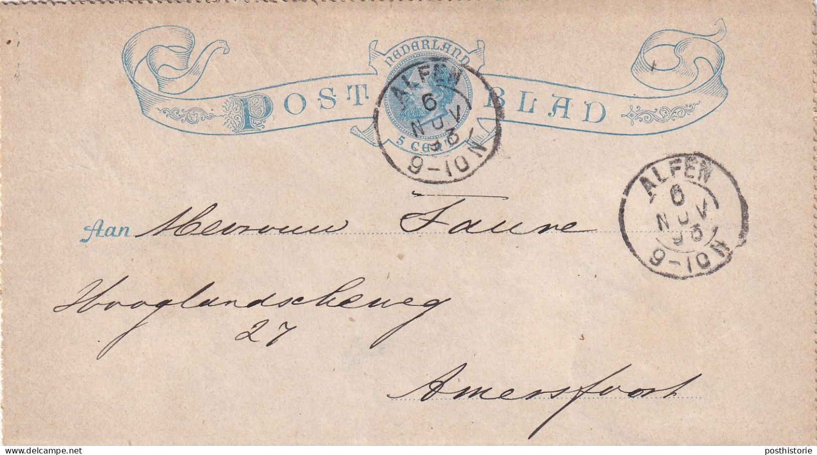 Postblad 6 Nov 1893 Alfen (postkantoor Kleinrond) Naar Amersfoort (kleinrond) - Poststempel