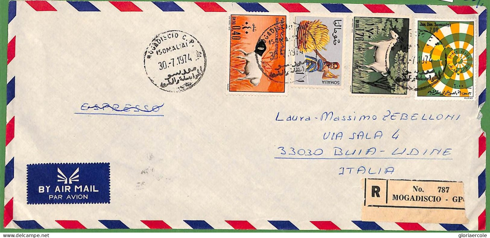 ZA1405 - SOMALIA  - Postal History - REGISTERED AIRMAIL COVER To ITALY 1974 - Somalië (1960-...)