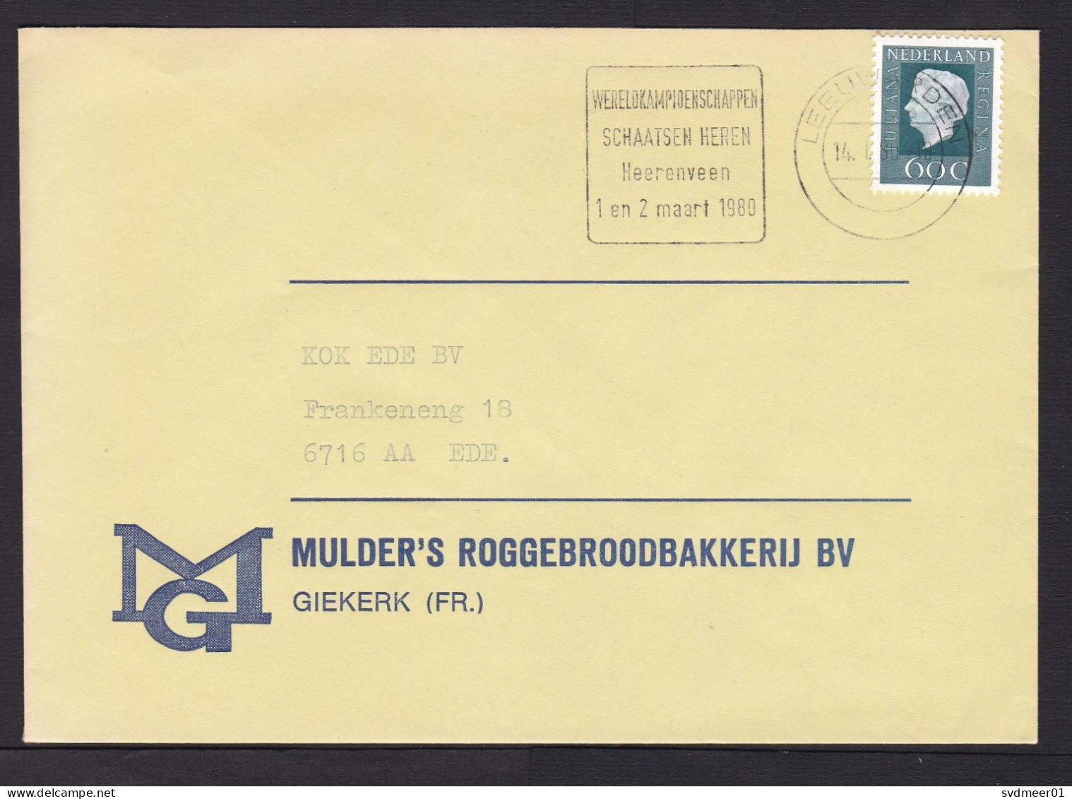 Netherlands: Cover, 1980, 1 Stamp, Queen, Cancel World Cup Ice Skating, Sports, From Rye Bread Bakery (traces Of Use) - Briefe U. Dokumente