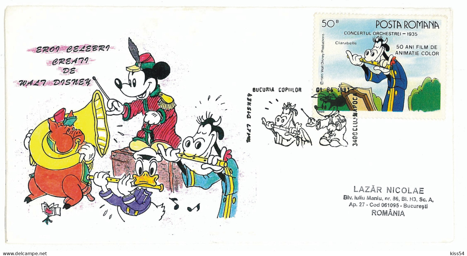 COV 22 - 1104 Mickey Mouse, Romania - Cover - Used - 1993 - Maximum Cards & Covers