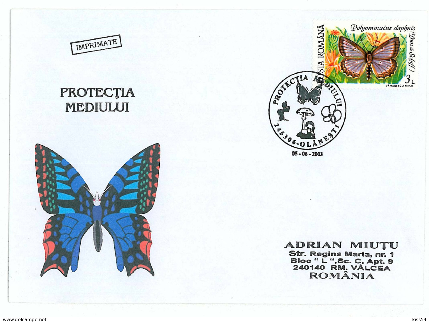 COV 22 - 10 BUTTERFLY, Environmental Protection, Romania - Cover - Used - 2003 - Maximumkaarten