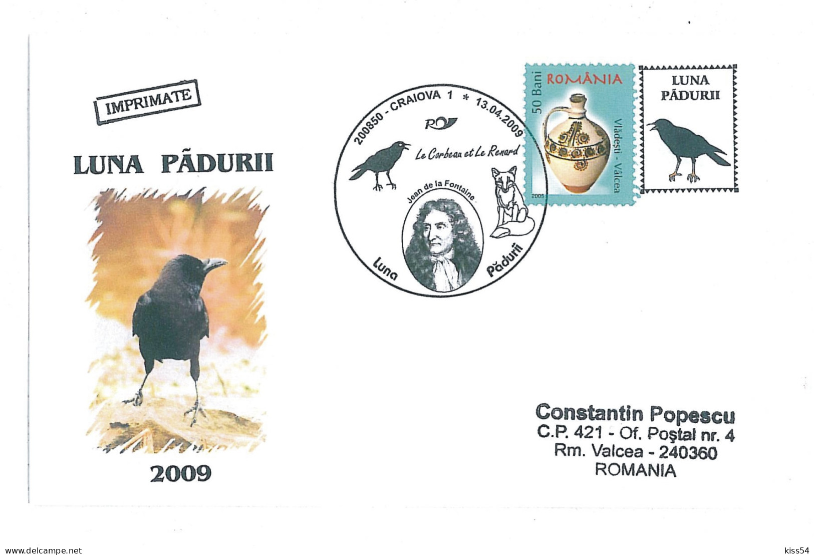 COV 22 - 535 La FONTAINE, RAVEN, Le CORBEAU Et Le Renard, Romania - Cover - Used - 2009 - Maximumkarten (MC)