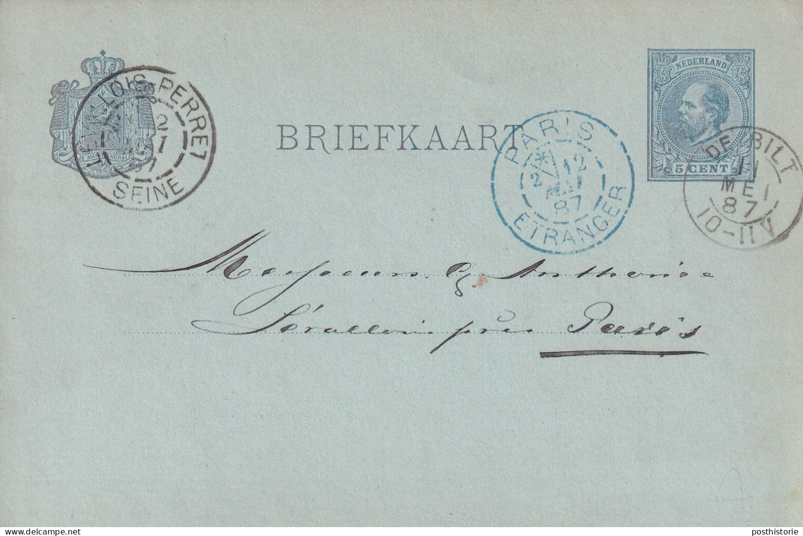 Briefkaart 11 Mei 1887 De Bilt (postkantoor Kleinrond) Naar Parijs - Marcophilie