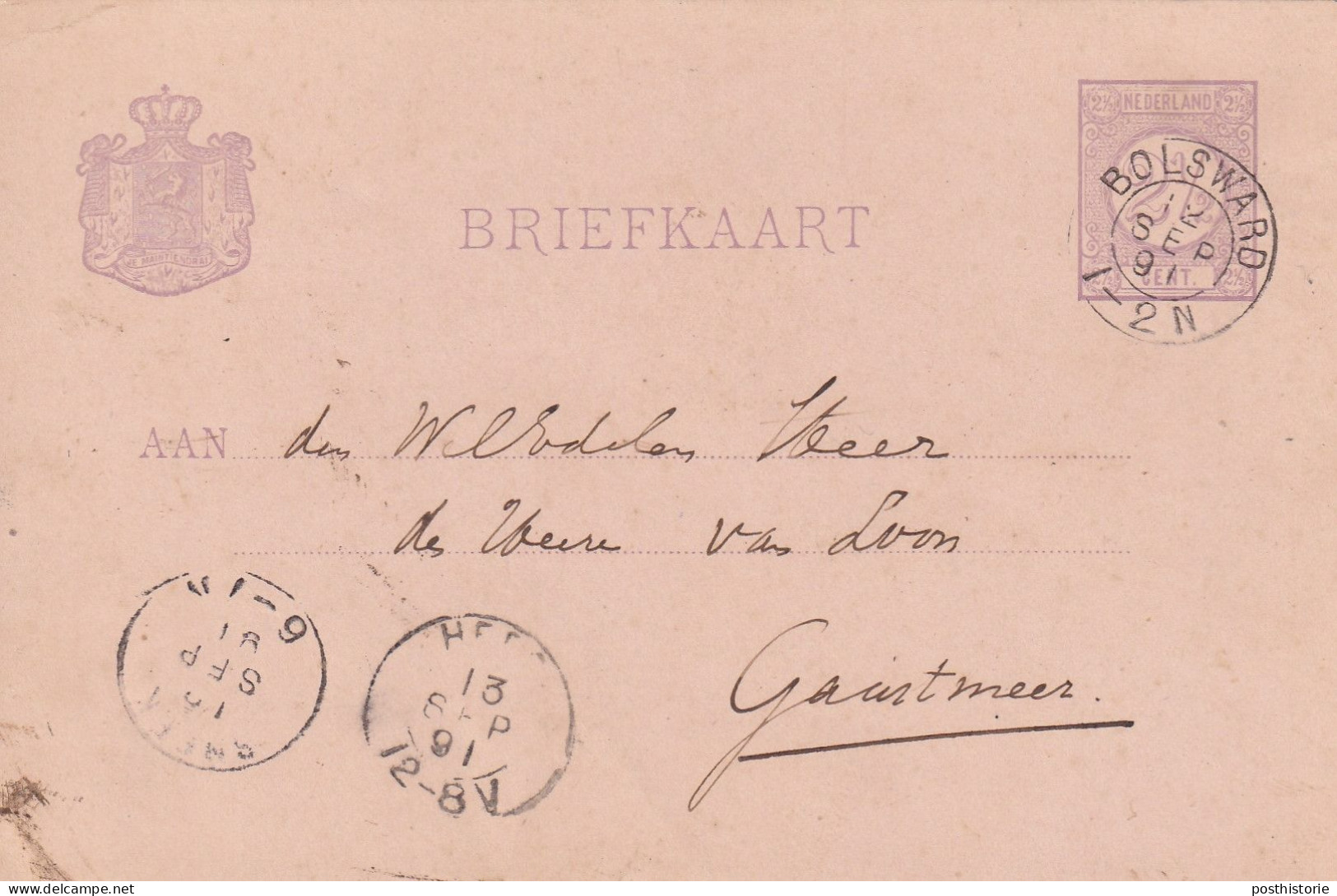 Briefkaart 19 Sep 1891 Bolsward (postkantoor Kleinrond) Via Sneek (kleinrond) Naar Heeg (kleinrond) - Postal History