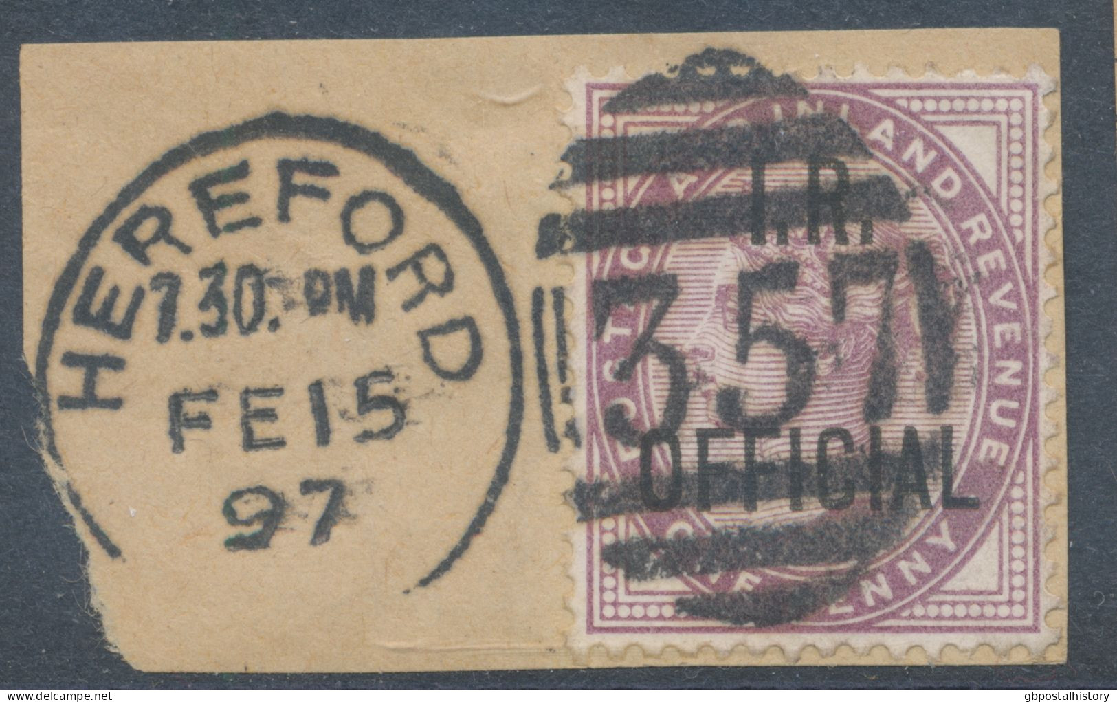 GB OFFICIALS QV 1d Lilac With Overprint „I.R. / OFFICIAL“ Superb Used Piece With Duplex Postmark „HEREFORD / 357“, Heref - Servizio