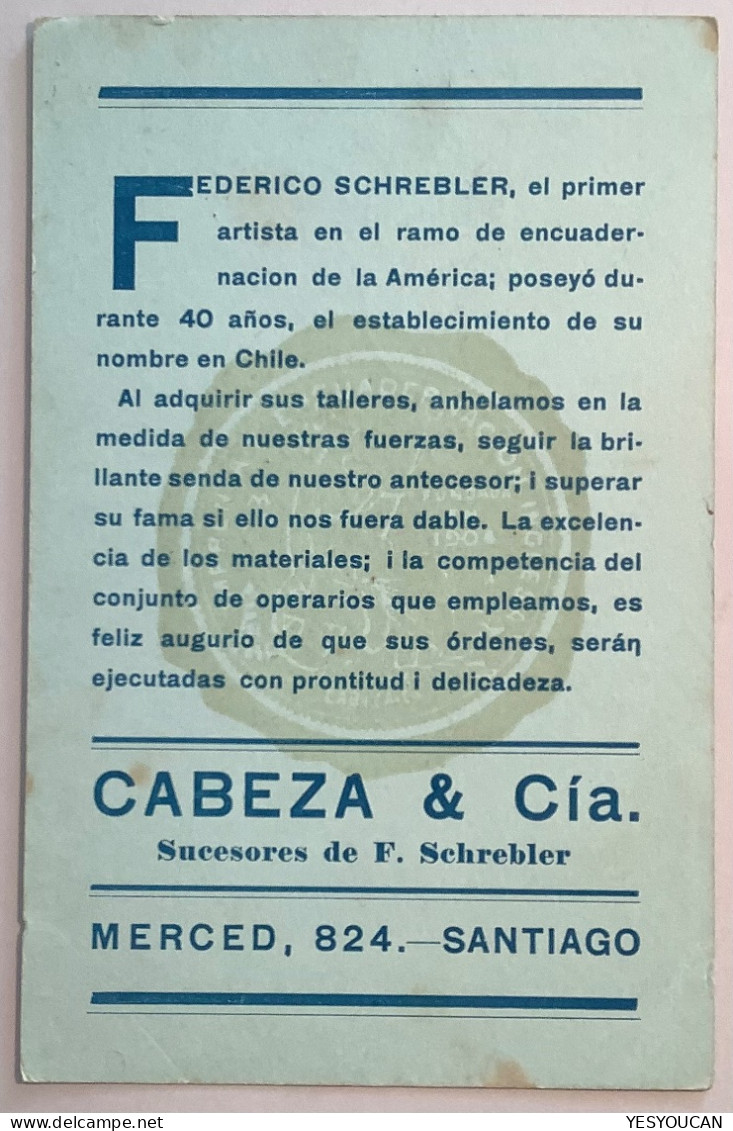 ADVERT SCHREBLER/CABEZA ENCUADERNACION  LIBROS Chile SANTIAGO1908 1c Postal Stationery Card(Bookbinding Reliure De Livre - Chili