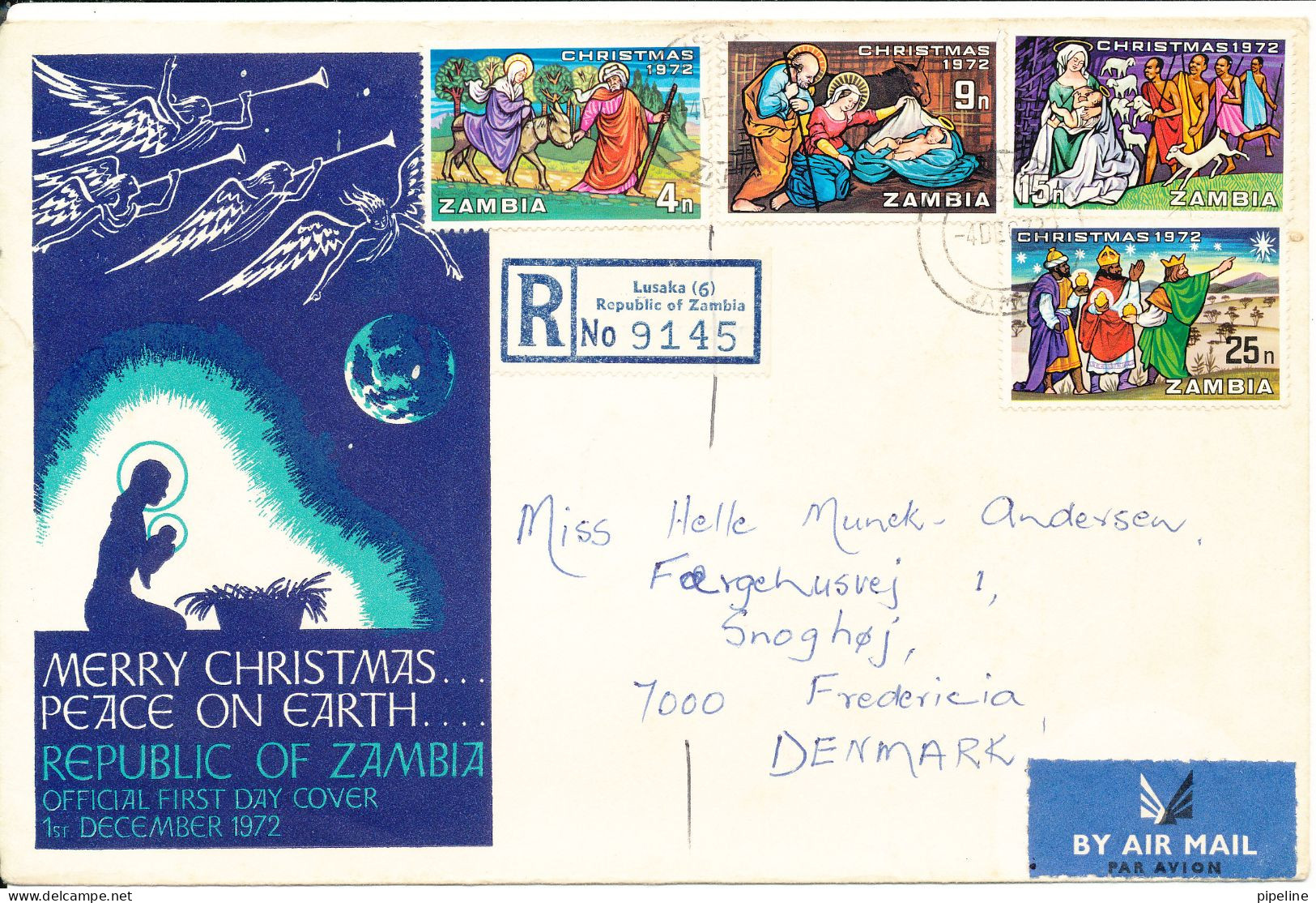 Zambia Registered Cover Sent To Denmark 4-12-1972 With Complete Set Of 4 Christmas Stamps The Flap On The Backside Of Th - Zambia (1965-...)