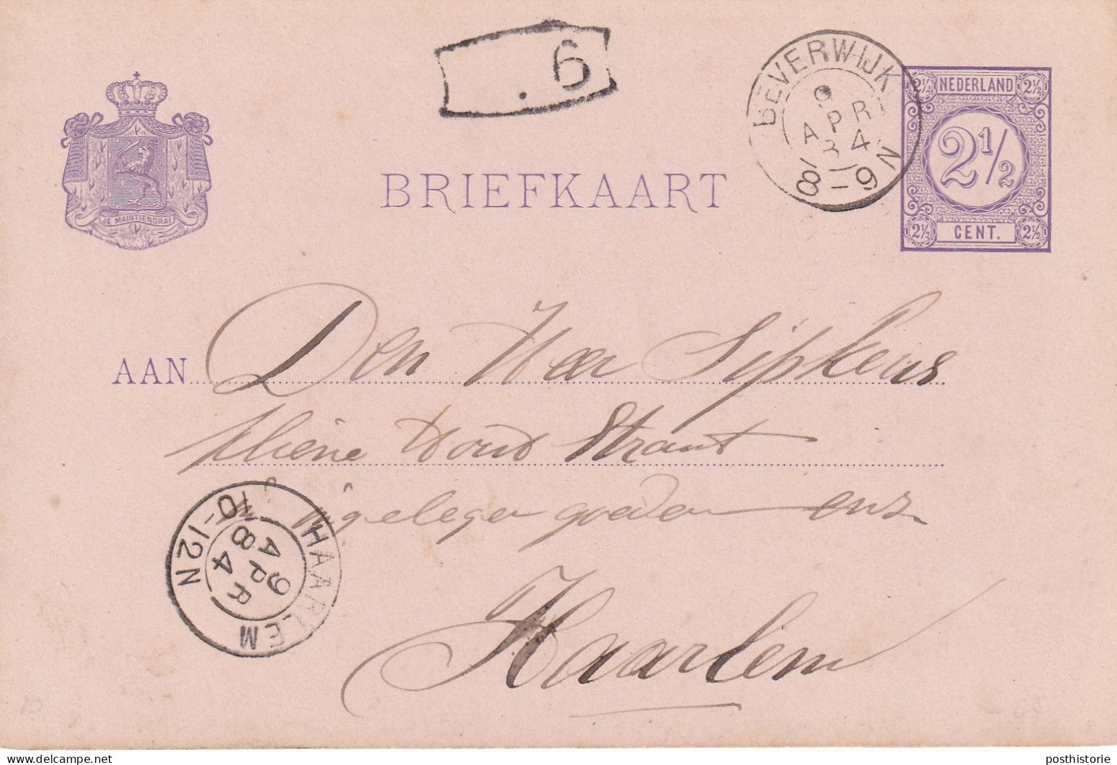 Briefkaart 9 Apr 1884 Beverwijk (postkantoor Kleinrond) Naar Haarlem (kleinrond) Besteller Postbus (zonder Letter) - Storia Postale