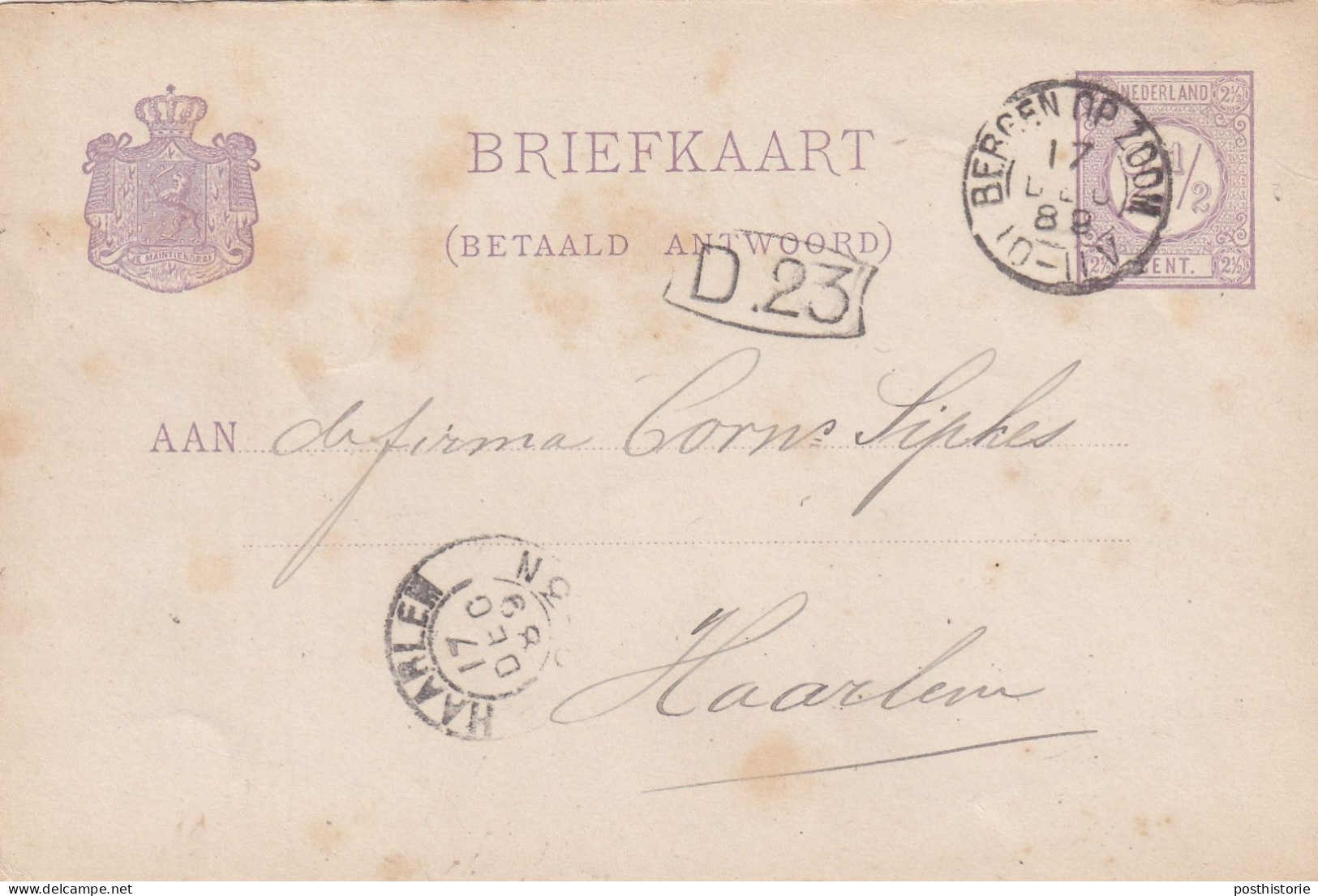 Briefkaart (betaald Antwoord) 17 Dec 1889 Bergen Op Zoom (postkantoor Kleinrond) Naar Haarlem (kleinrond) - Postal History