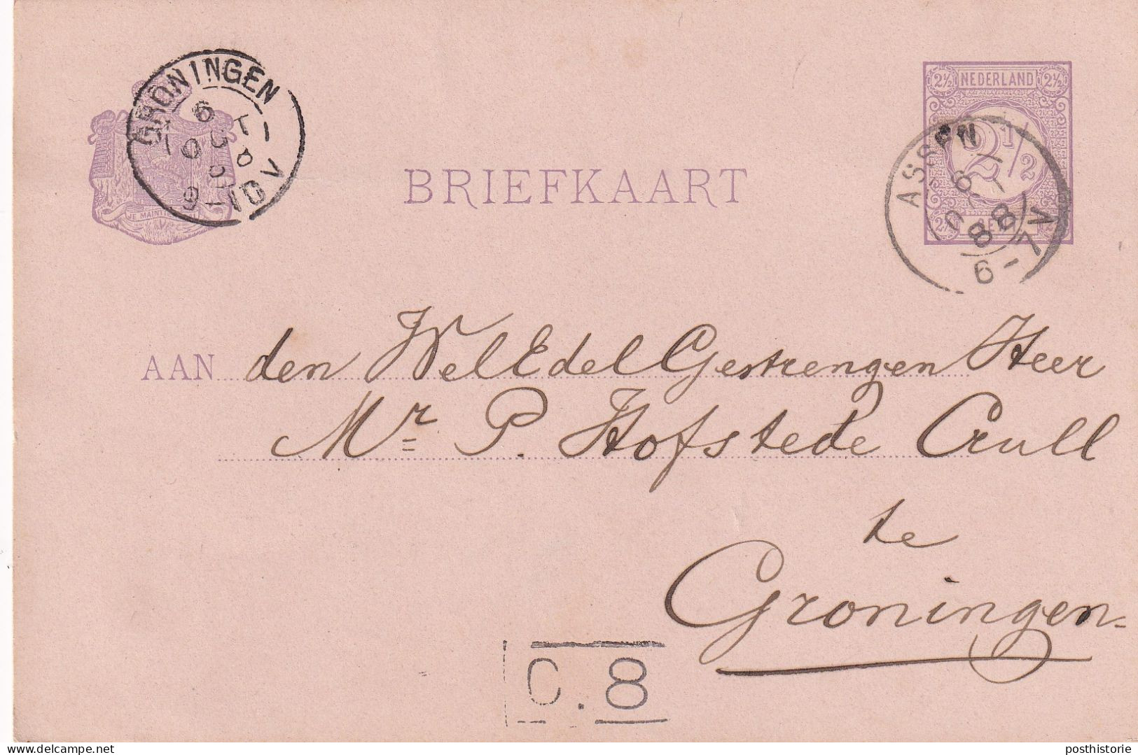 Briefkaart  6 Okt 1888 Assen (postkantoor Kleinrond) Naar  Groningen (kleirnrond) - Poststempels/ Marcofilie