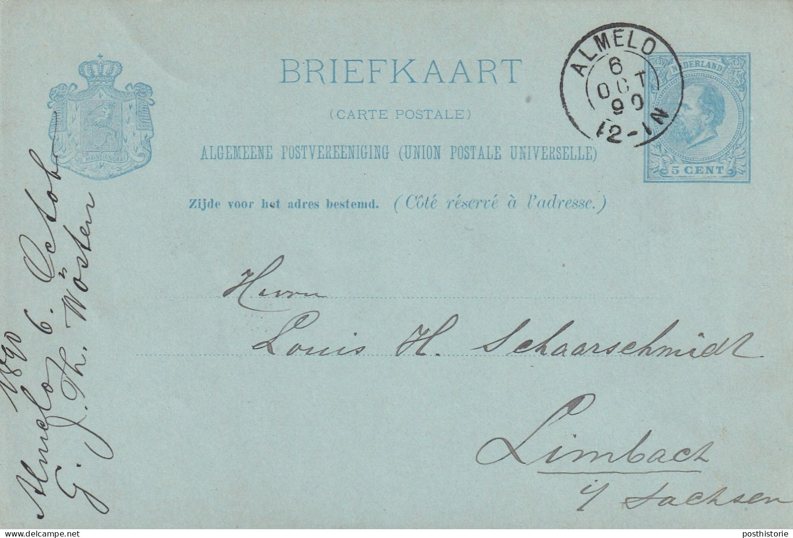 Briefkaart 6 Okt 1890 Almelo (postkantoor Kleinrond) Naar  Limbach - Marcophilie