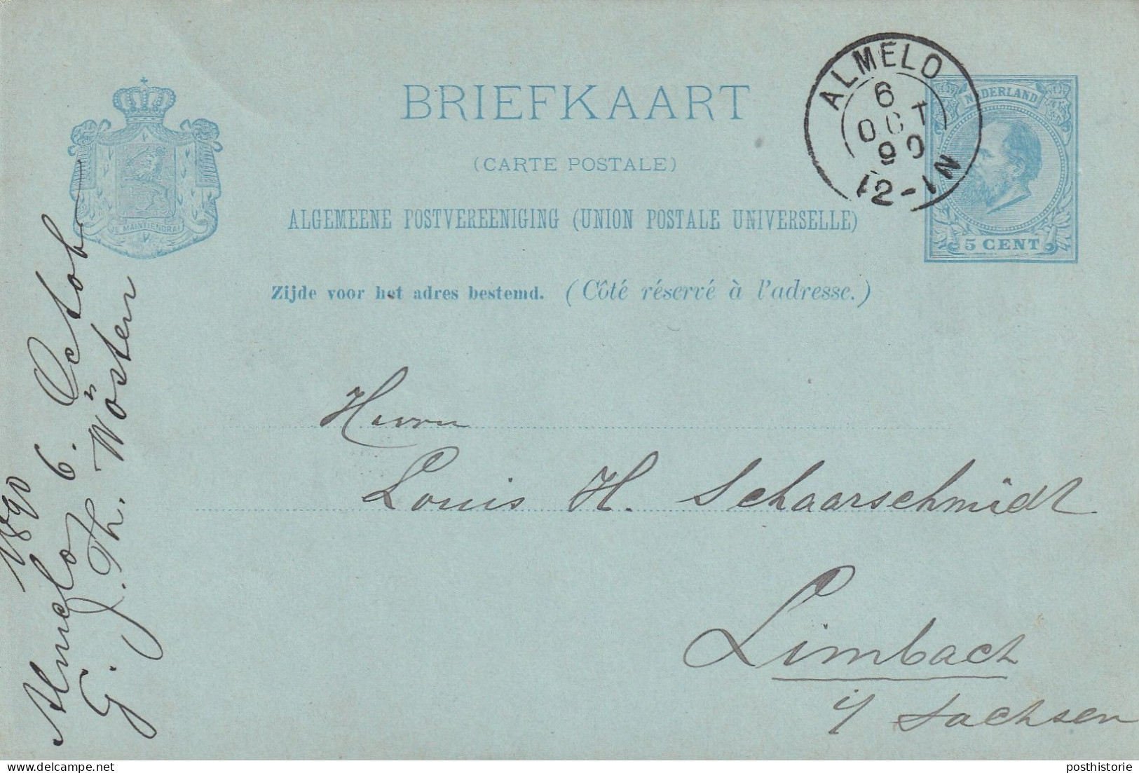 Briefkaart 6 Okt 1890 Almelo (postkantoor Kleinrond) Naar  Limbach - Poststempels/ Marcofilie