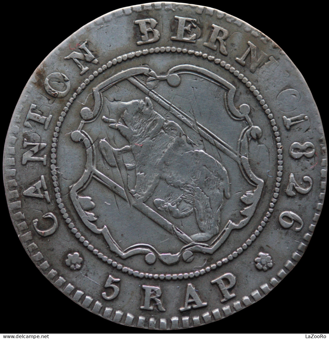 LaZooRo: Switzerland BERN 5 Rappen 1826 XF Struck On Older Type - Silver - Bern