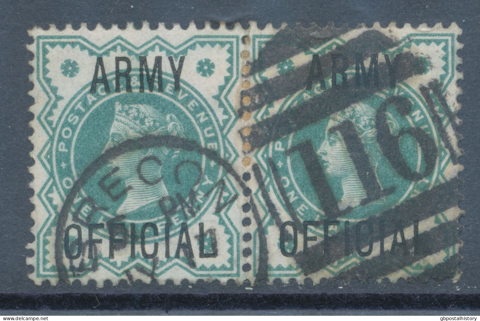 GB OFFICIALS QV ½d Bluegreen Jubilee With Overprint „ARMY / OFFICIAL“ Superb Used Pair W Duplex Postmark „BRECON / 116" - Dienstzegels