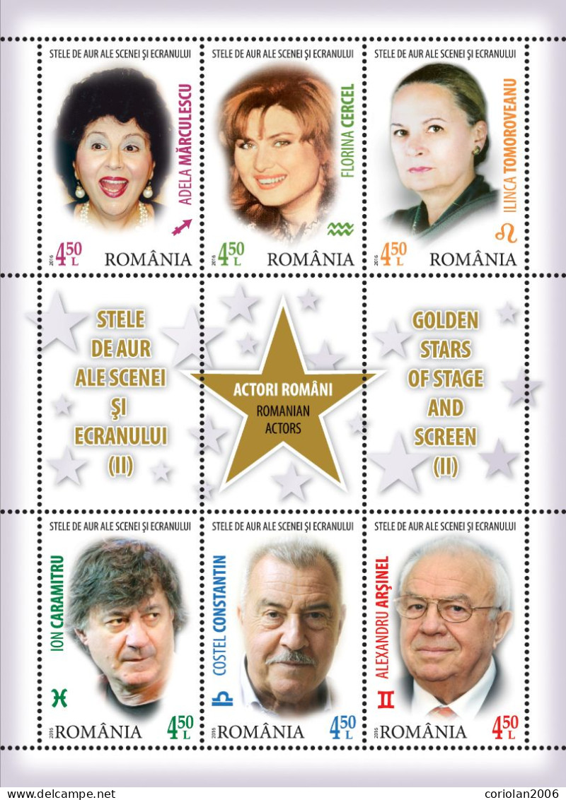 Romania 2016 / Romanian Stars II / Block 6 (Marculescu, F. Cercel, Tomoroveanu, I. Caramitru, C. Constantin, A. Arsinel) - Acteurs