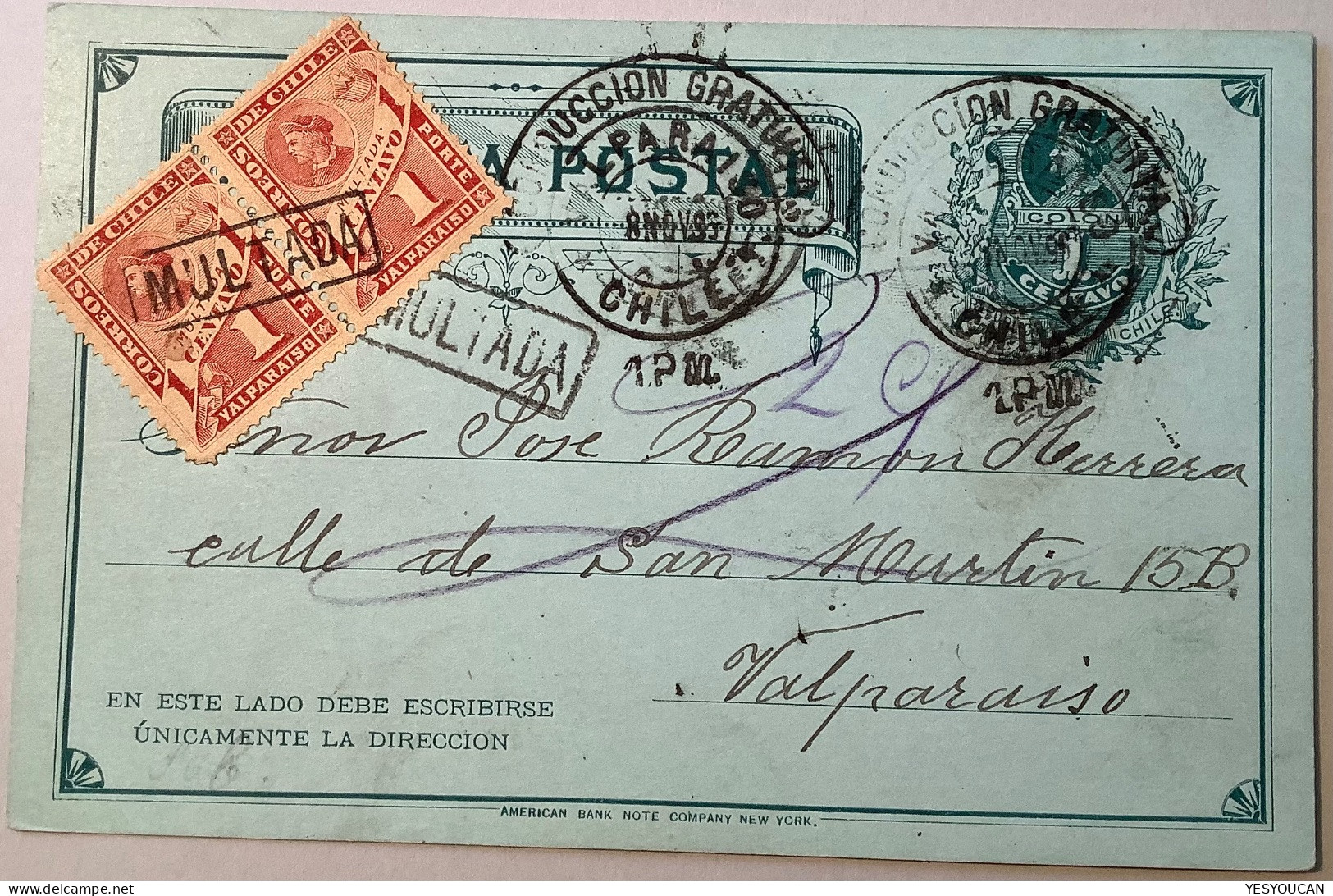 Chile1895 Postage Due 1c Pair MULTADA Valparaiso On Columbus 1c Postal Stationery Card (taxe Lettre Entier - Chili